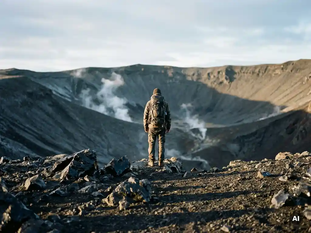 Hiker in weathered gear standing at the rim of an Icelandic volcanic crater, obsidian rock, geothermal steam, and golden-hour shadows.