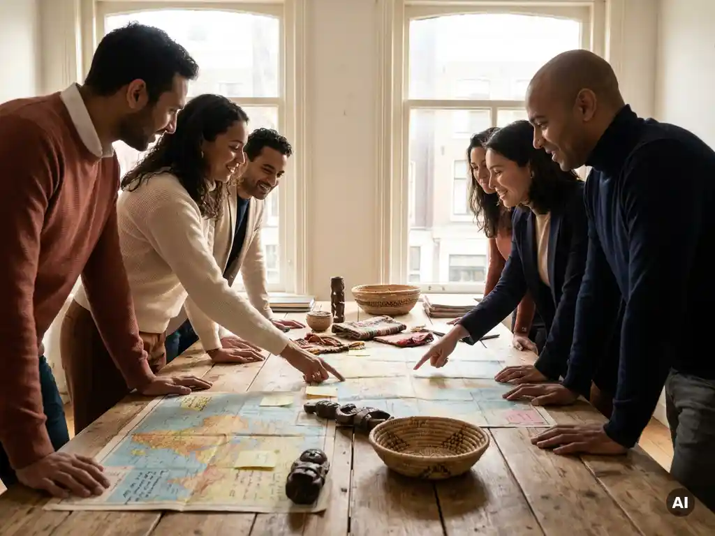 Diverse international team collaborating around a wooden table with world maps and cultural artifacts in a sunlit Amsterdam canal-house office.