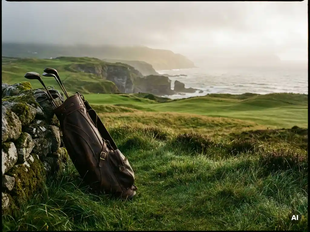 Weathered leather golf bag against a mossy stone wall on an Irish links course, with emerald fairways and Atlantic cliffs in morning mist.
