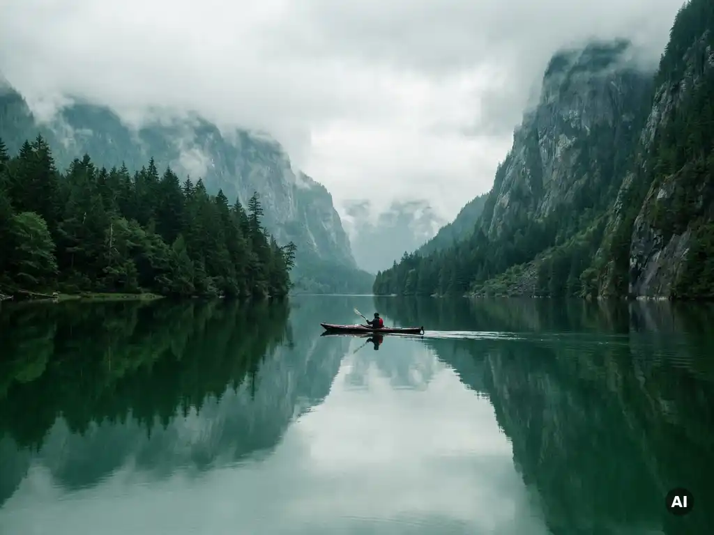 Kayaker paddling through a misty fjord with emerald-green still water reflecting towering cliffs and dense native forest.