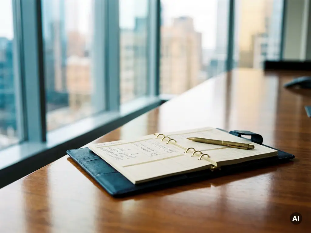 Leather-bound planner open on a conference table with a premium pen resting on budget sheets, city skyline softly blurred behind floor-to-ceiling glass.