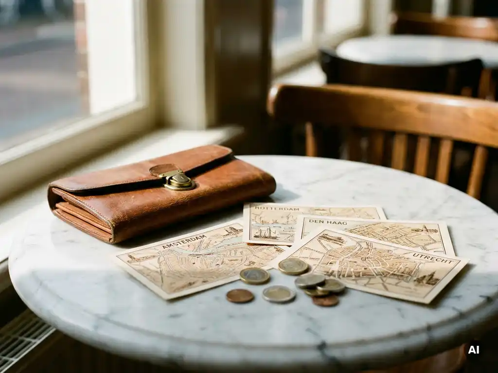 Worn leather travel wallet open on a marble café table beside four vintage Dutch city map postcards and scattered euro coins in warm afternoon light.