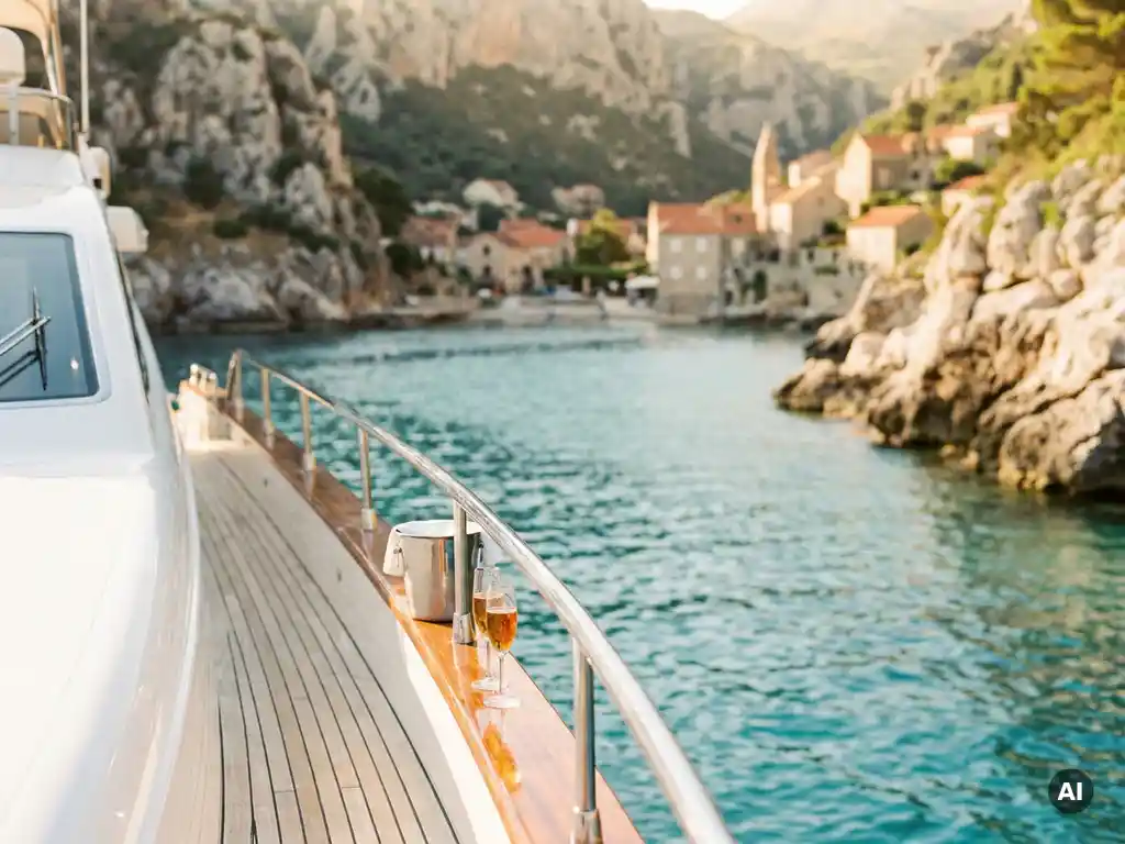 White luxury yacht anchored in a clear Adriatic cove with limestone cliffs, champagne flutes on teak railing, golden afternoon light.