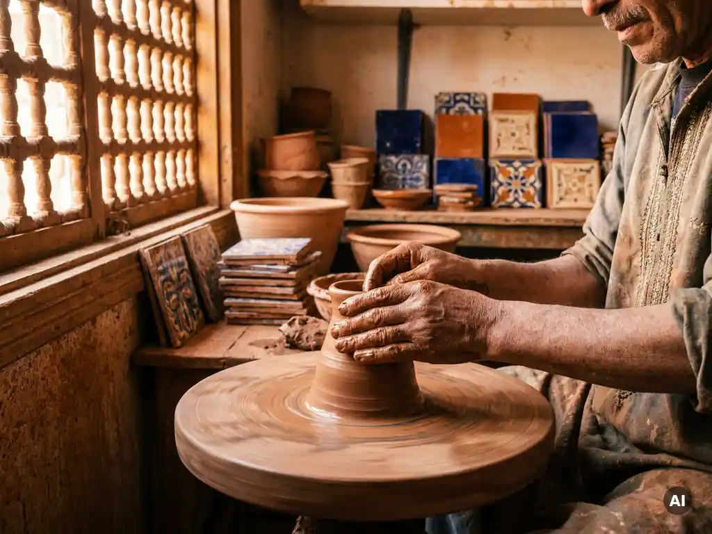 Moroccan artisan shaping wet clay on a spinning wheel in a sunlit riad workshop, with terracotta pots and cobalt blue ceramic tiles nearby.