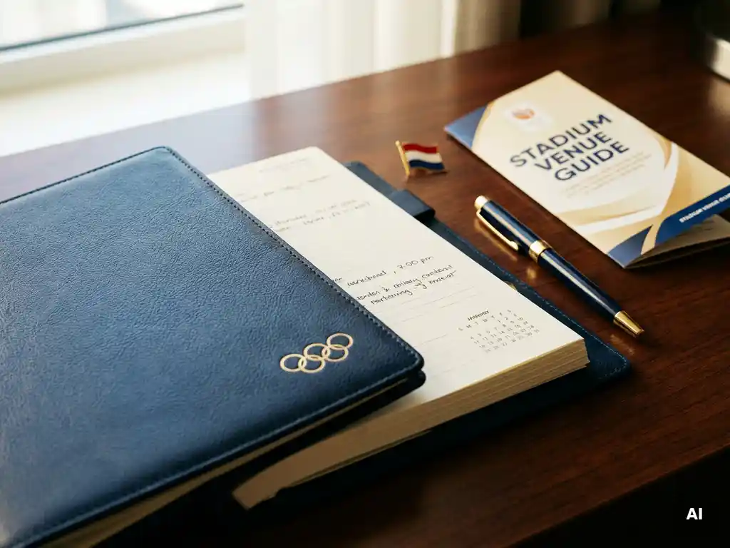 Leather-bound Olympic event planner with gold embossed rings on a desk beside a stadium brochure, pen, and Dutch flag pin.