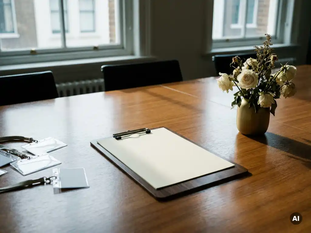 Clipboard with blank feedback form on conference table surrounded by scattered name badges and wilting floral centerpiece after an event.