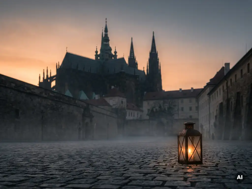 Prague Castle silhouetted at golden hour, stone towers rising above misty cobblestone courtyard with a glowing iron lantern in the foreground.