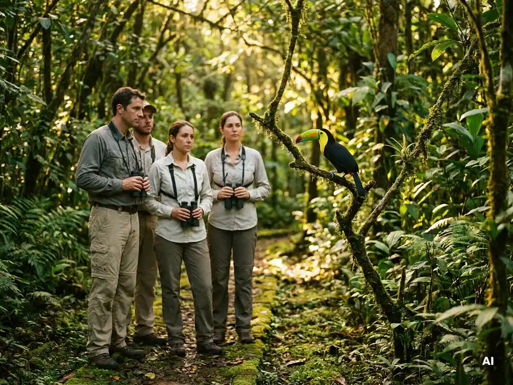 Professionals quietly observing a colorful toucan perched on a mossy rainforest branch, dappled golden light filtering through lush green canopy.
