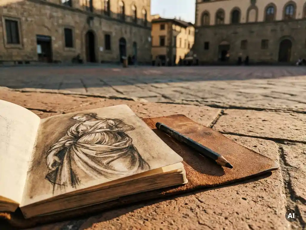 Weathered leather sketchbook open to a Renaissance figure study beside a charcoal pencil on Florentine terracotta stone in golden afternoon light.