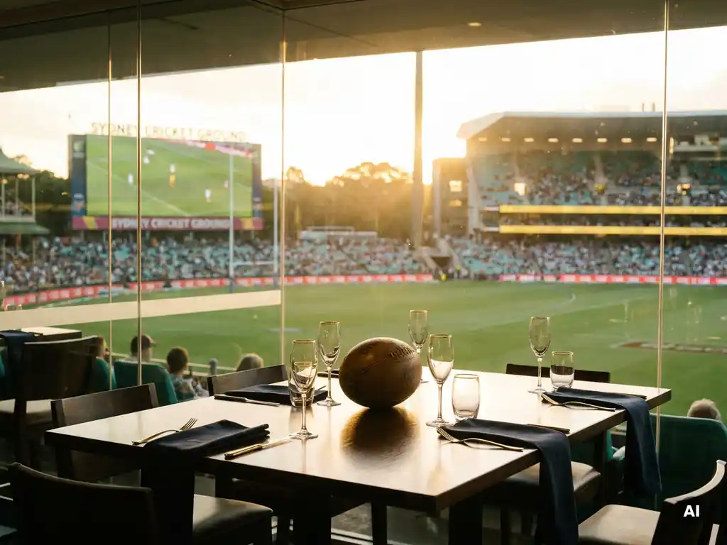 Corporate hospitality suite overlooking a sunlit Australian stadium, with champagne flutes and a rugby ball centerpiece bathed in warm afternoon light.