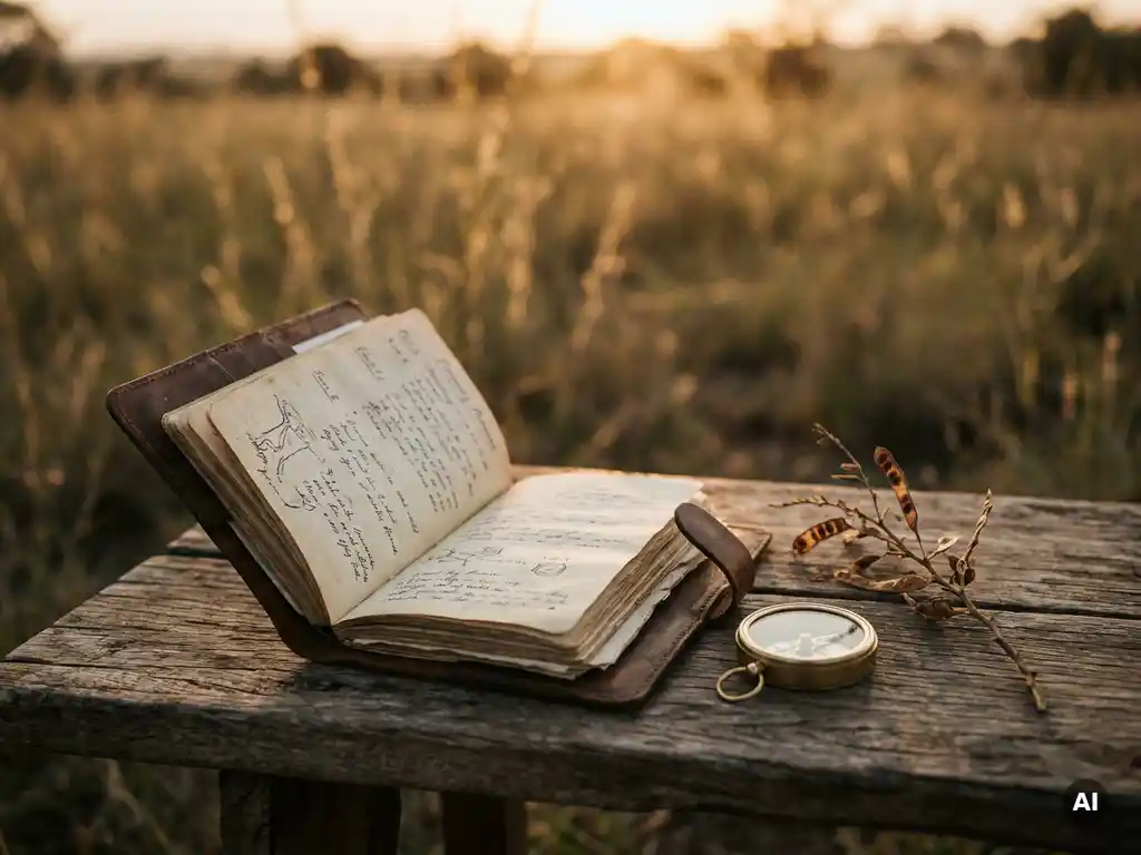 Leather-bound safari itinerary planner open on a weathered camp table with a brass compass and dried acacia sprig at golden hour.