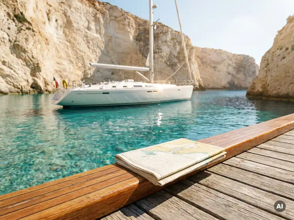 White sailing yacht anchored in a turquoise Aegean cove with limestone cliffs, nautical chart resting on the deck railing in midday sunlight.