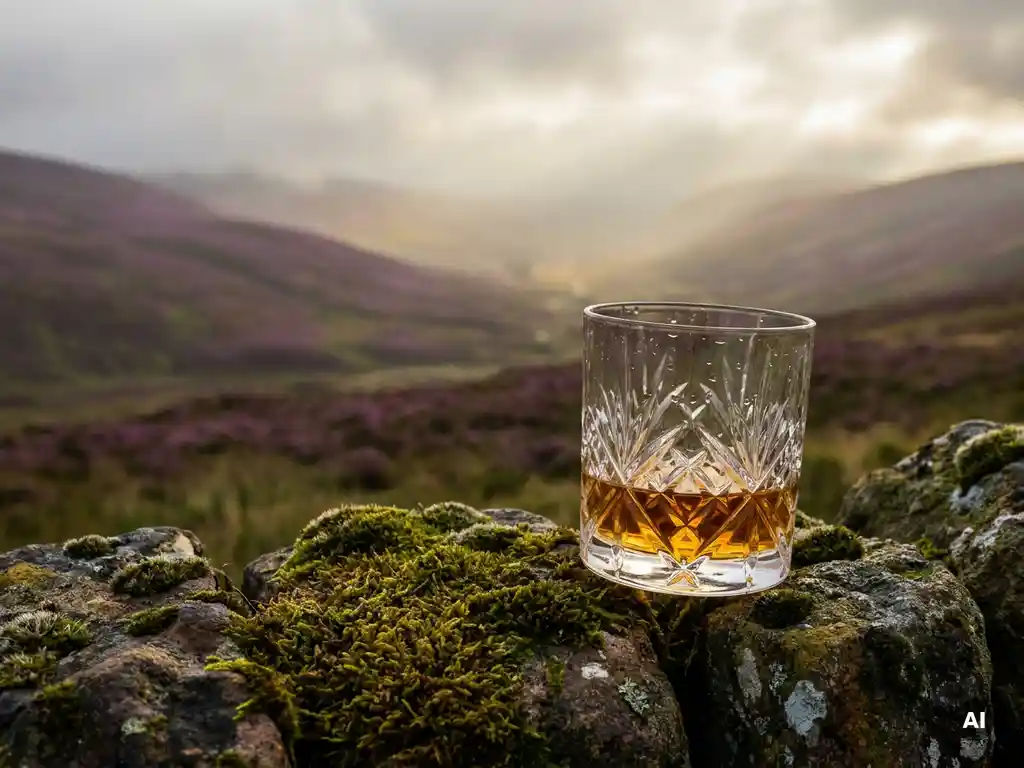 Whisky glass filled with amber Scotch on a mossy stone wall, misty Highland glen and heather-purple hills fading into morning fog behind it.
