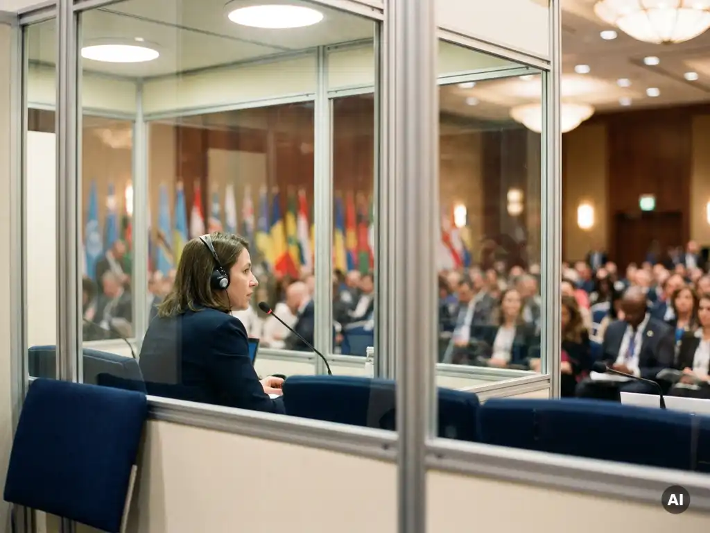 Professional interpreter in soundproof booth wearing headphones, overlooking an international conference hall with delegates and national flags.