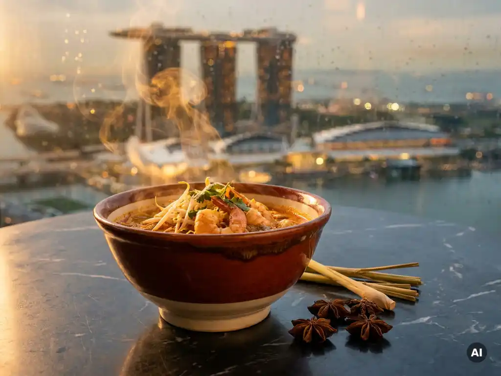 Steaming ceramic bowl of Singapore laksa with star anise and lemongrass on dark marble, Marina Bay skyline visible through rain-streaked window.