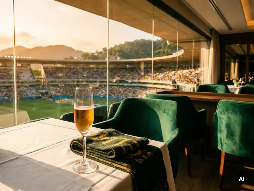 Champagne flute and green-gold scarf on white linen in a luxury Brazilian stadium suite at golden hour.