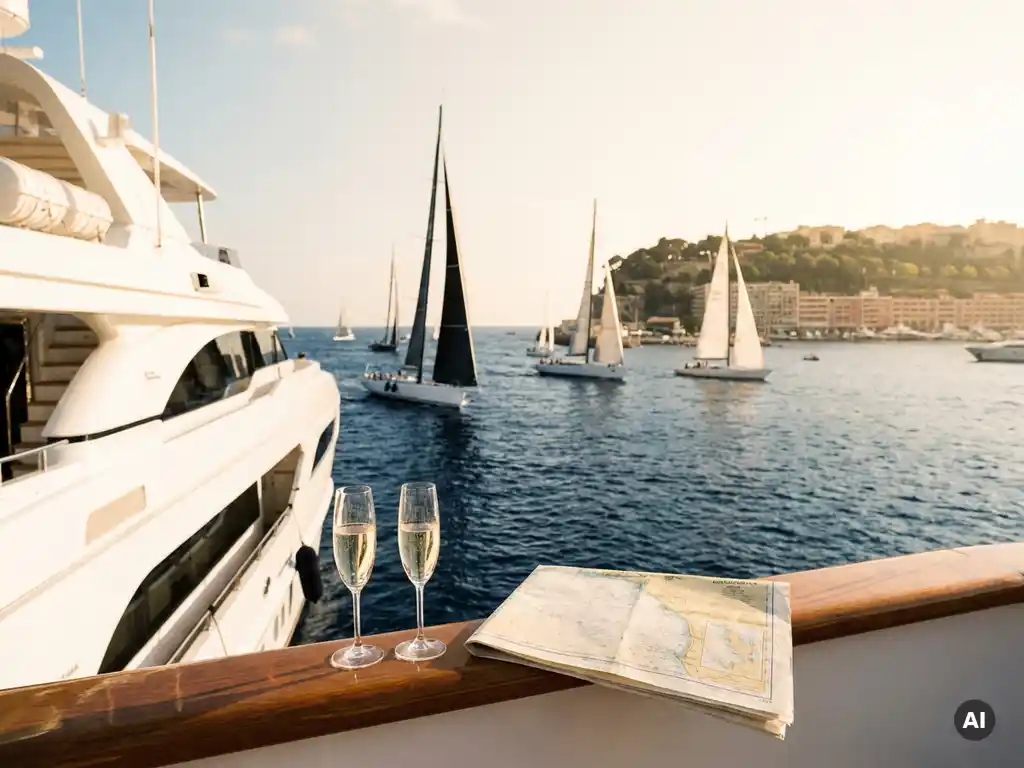 Superyacht anchored in a sunlit harbor with champagne flutes and nautical chart on teak railing, racing sailboats in the background.