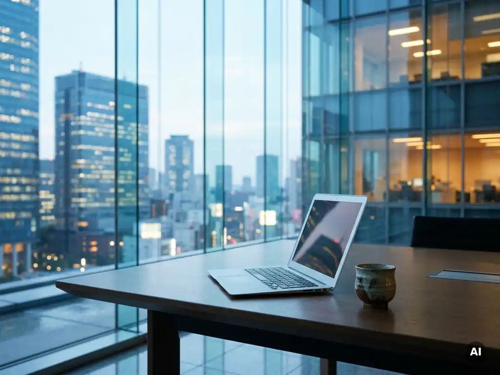 Minimalist Tokyo conference room with floor-to-ceiling window, open laptop and ceramic tea cup on table, city lights at dusk.