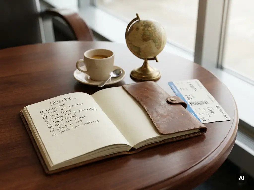 Worn leather travel notebook open to a blank checklist page beside a boarding pass, miniature globe, and espresso in an airport lounge.