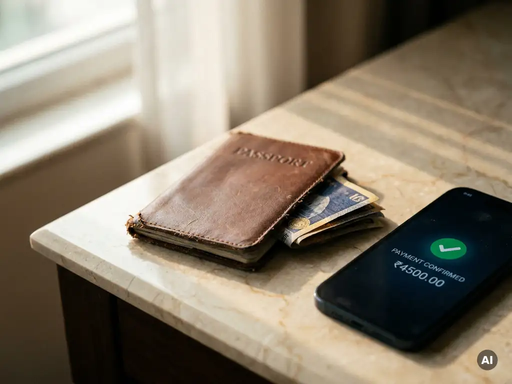 Weathered leather passport and stacked foreign currency beside a smartphone displaying payment confirmation on a marble desk.