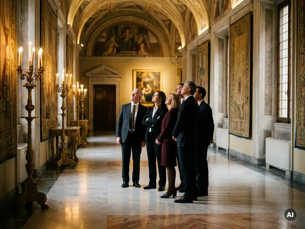 Elegantly dressed executives standing in reverent silence inside a Vatican gallery with marble floors, golden candlelight, and painted ceilings.