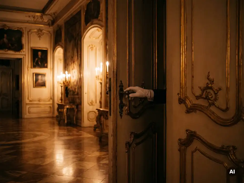White-gloved hand on a gilded baroque palace door, warm candlelight illuminating ornate gold and cream moldings with marble floors below.