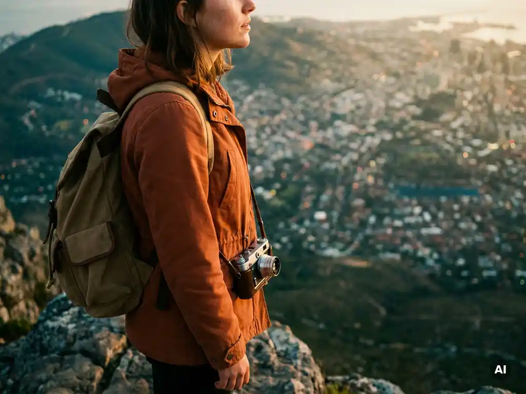Young woman with backpack and vintage camera gazing at a golden-hour cityscape from a mountain viewpoint.
