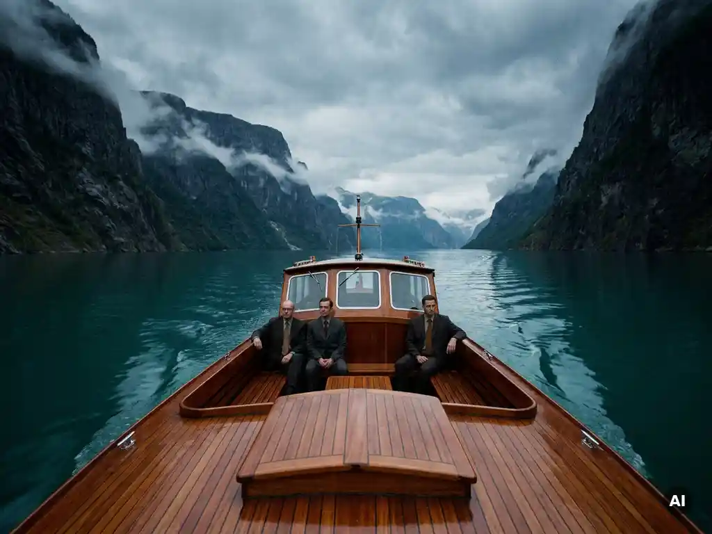 Suited professionals aboard a wooden boat gliding through a misty Norwegian fjord flanked by steep granite cliffs.